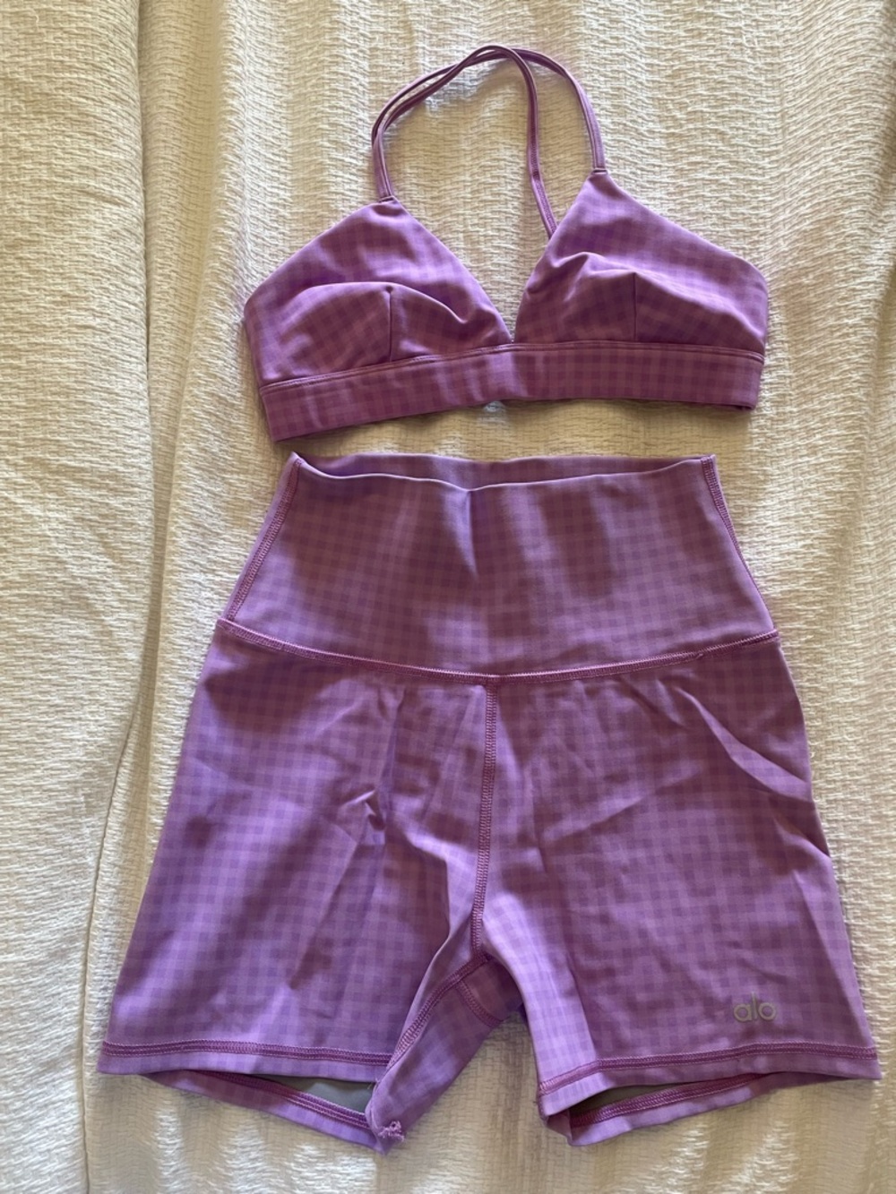 ALO Yoga Gingham Lavender-Pink Padded Bralette & High-Waist Biker Shorts Set